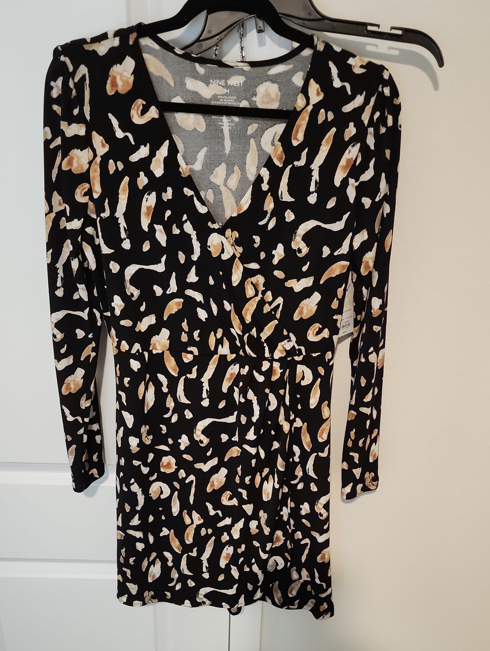 Nine West Black Printed Long-Sleeve Wrap-Style Dress with Tan Accents